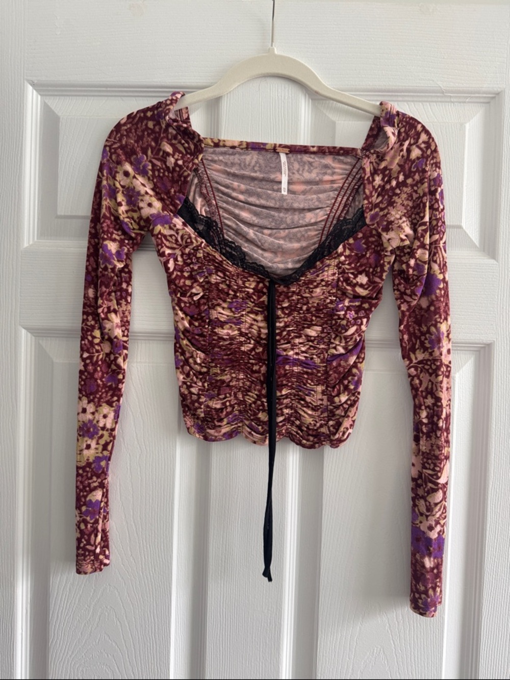 Free People Ruched Long-Sleeve Floral Top in Burgundy and Purple